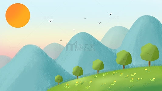 清晨远山草坪绿树风景banner背景立秋