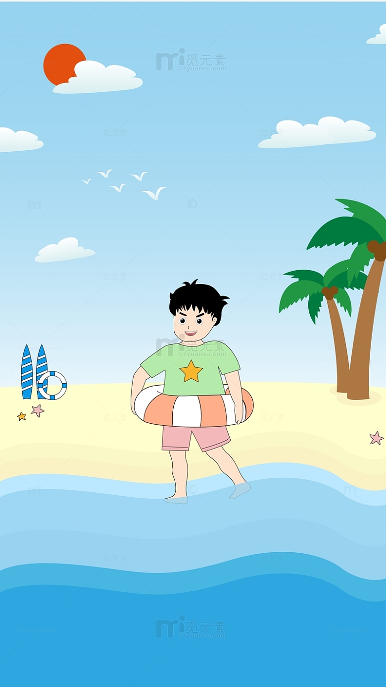 海边玩水的小男孩插画背景注意暑假安全