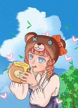 蓝色小清新吃蜂蜜的小女孩插画