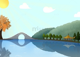 蓝色拱桥凉亭湖景手绘背景