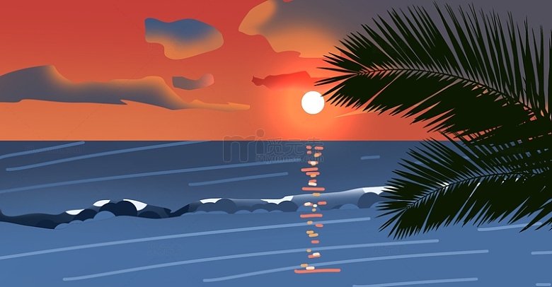 简约海边落日风景手绘