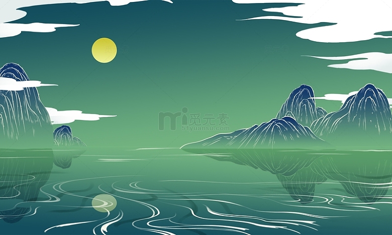 国潮手绘卡通绿色山水背景