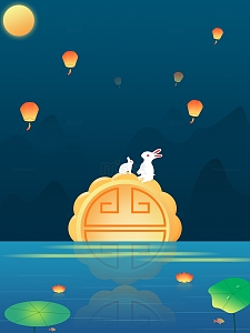 八月十五中秋节插画月饼山水背景
