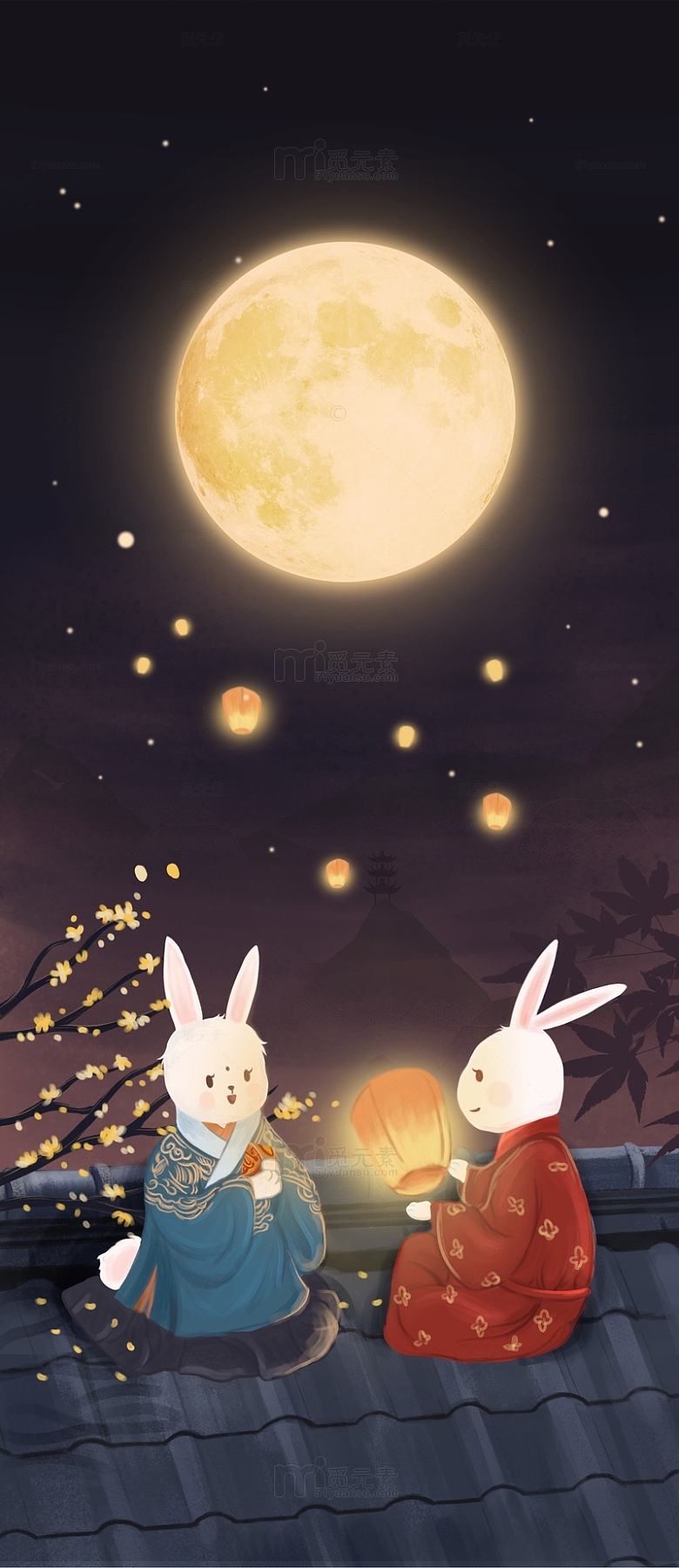 月满中秋2023兔年赏月手绘插画图