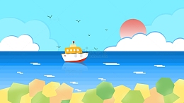 渐变蓝色海岸线轮船大海石堆装饰背景手绘图