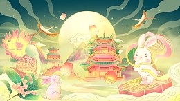 国潮风中秋节玉兔放花灯山水建筑插画背景