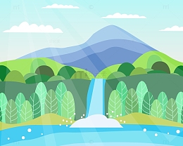 青山绿水小瀑布蓝天白云风景扁平矢量手绘