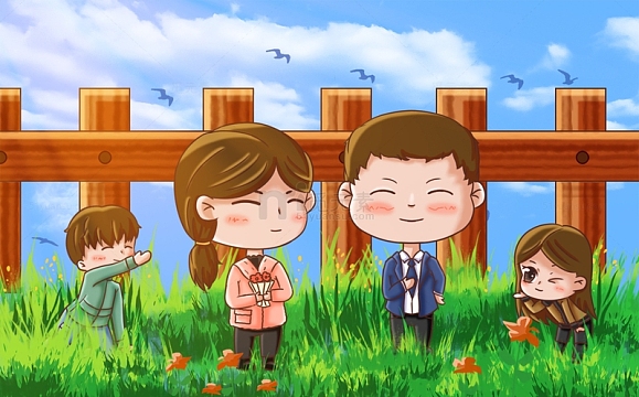 绿色治愈母亲节野外踏青插画