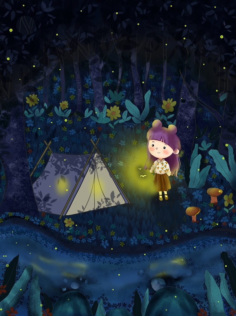 旅游晚上露营树林卡通风格