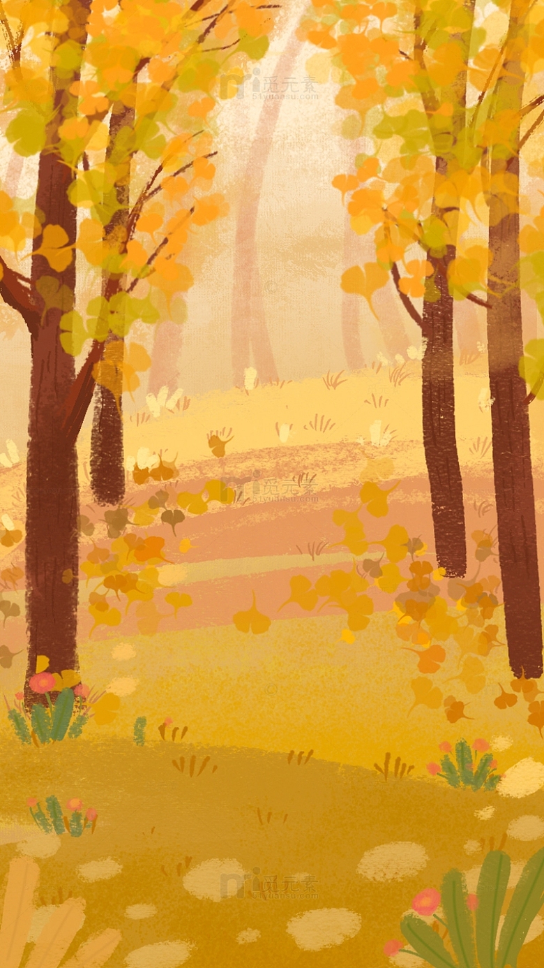 黄色秋天树林落叶风景手绘图