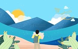 出游爬山手绘蓝色背景