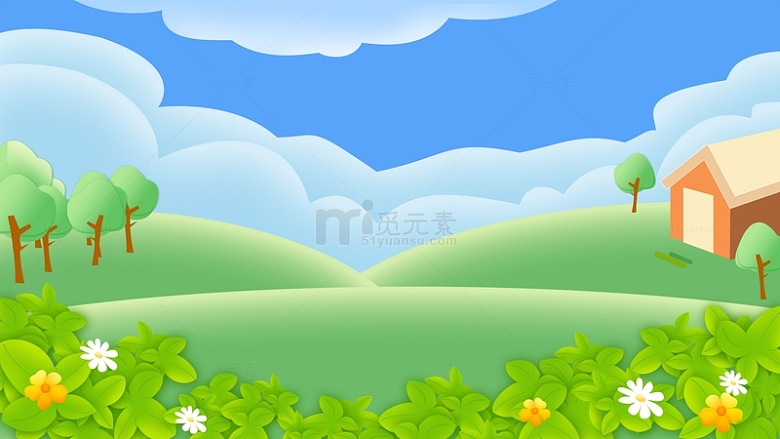 绿色野外小清新天空鼠绘花草风景背景