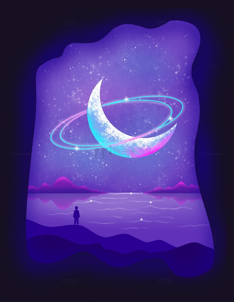 紫色山河星空月亮梦幻手绘背景图