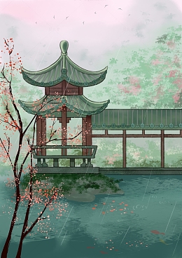 绿色国风清新烟雨江南亭台楼阁手绘图