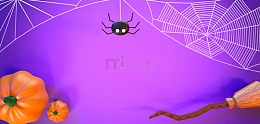 3D立体万圣节蜘蛛网南瓜扫帚紫色背景图