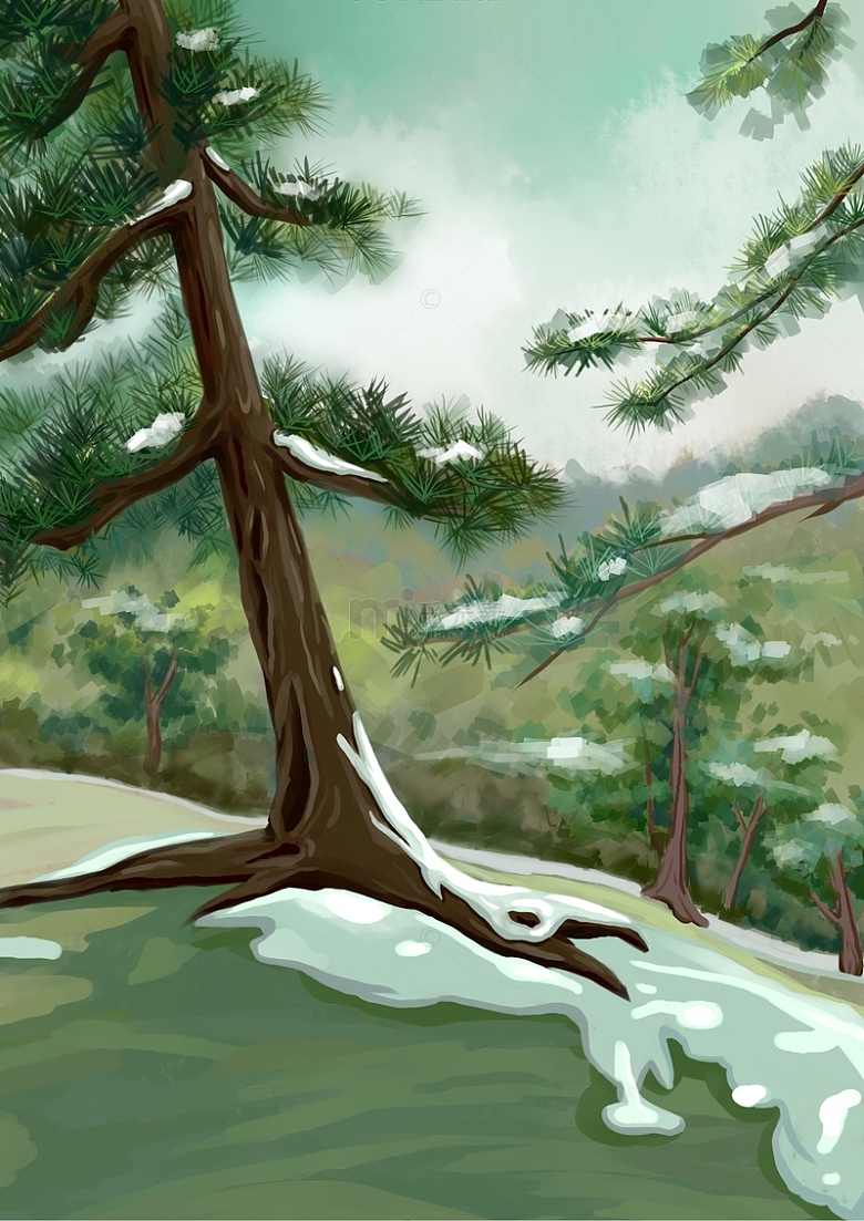 绿色手绘冬季雪景背景