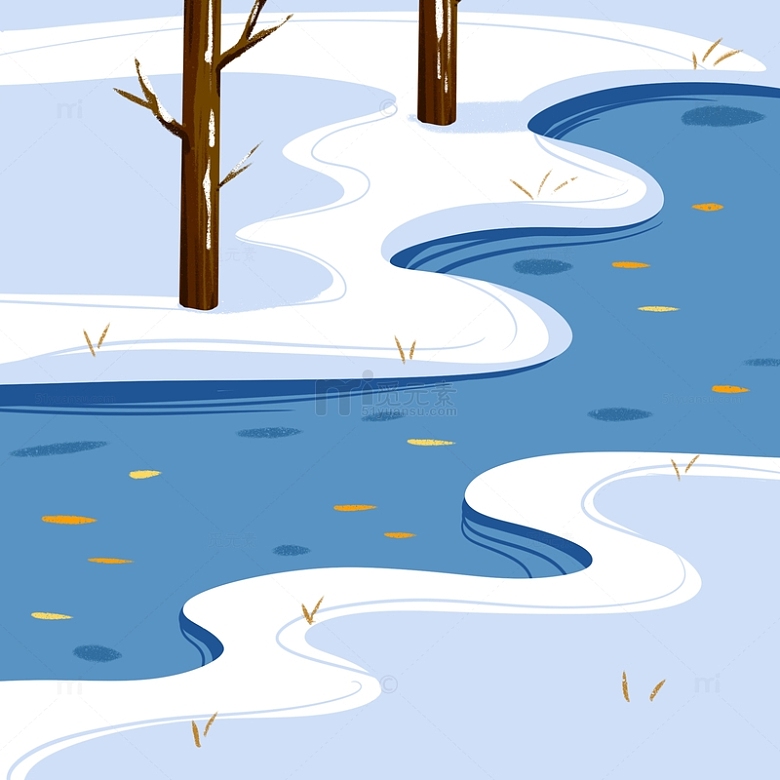 蓝色河流白色雪地卡通立冬手绘图