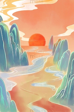 夕阳国潮山脉背景