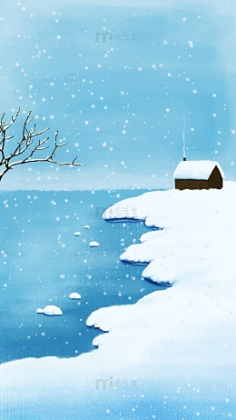 白色蓝色小清新立冬结冰下雪雪地手绘插画