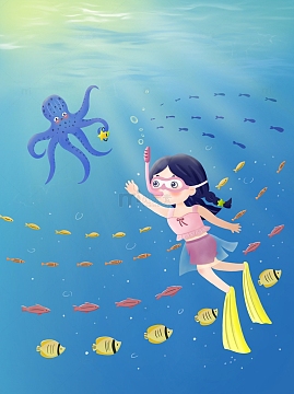 小清新手绘萌系插画——海洋潜水女孩