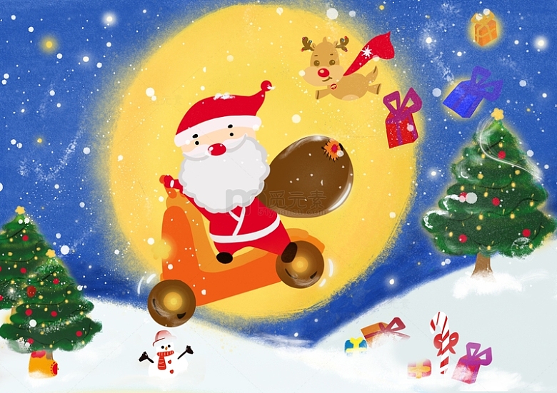 骑着小电车的圣诞老人插画背景