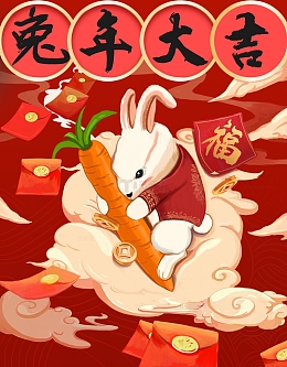 红色金色渐变兔年生肖兔年大吉漂浮红包祥云