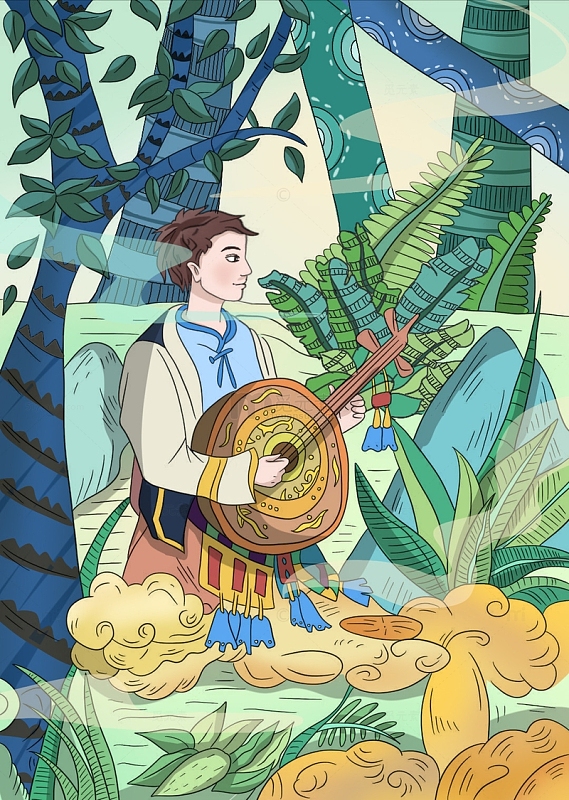 热带雨林傣族奏曲西双版纳特色手绘图