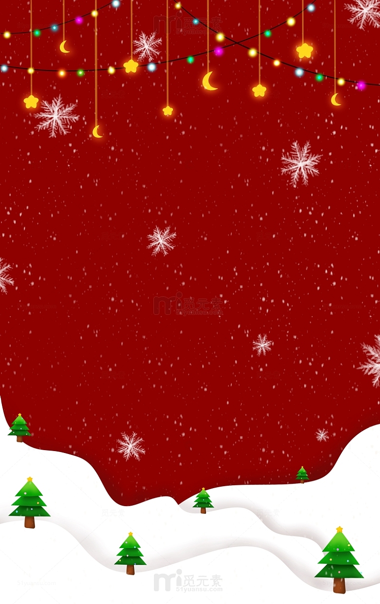 圣诞节彩灯雪地圣诞树雪花插画简约扁平背景