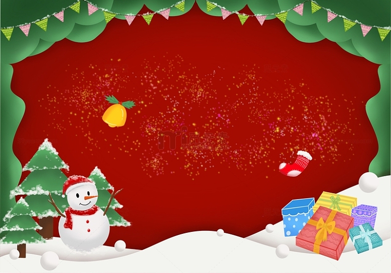 圣诞节雪人树礼物盒背景卡通装饰扁平插画风