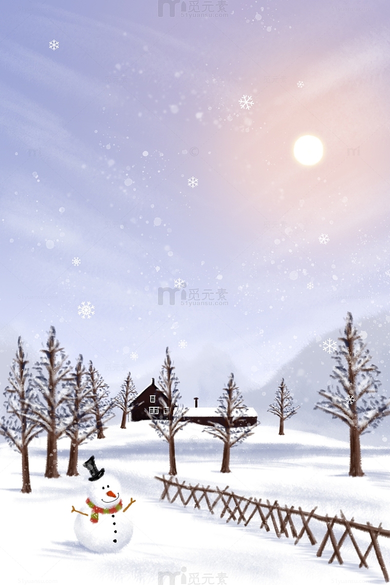 蓝色小清新冬日大雪小雪暖阳氛围手绘雪景图