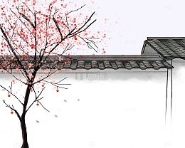 手绘古风烟雨江南梅花灯笼白墙黑瓦徽派建筑