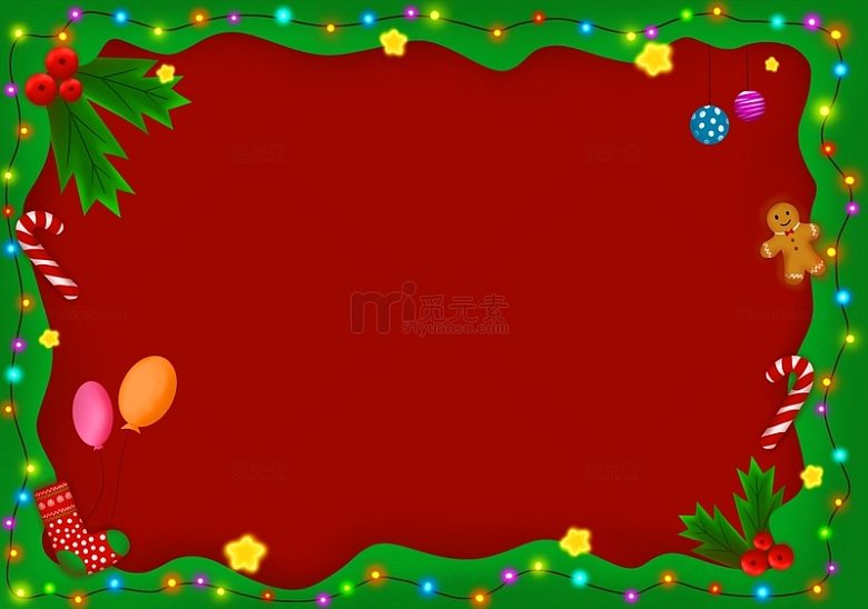圣诞节彩灯边框姜饼人星星背景