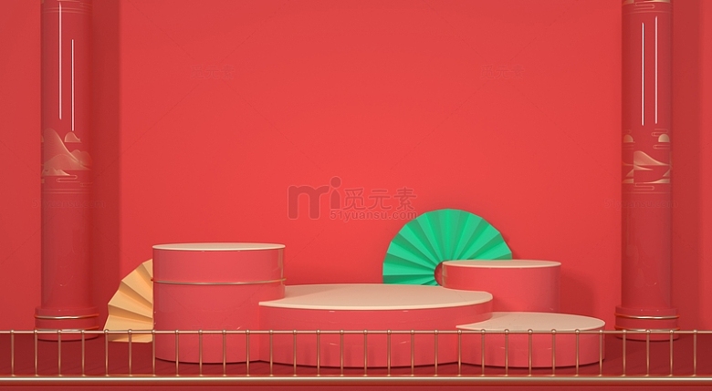红色中国风复古春节C4D背景舞台