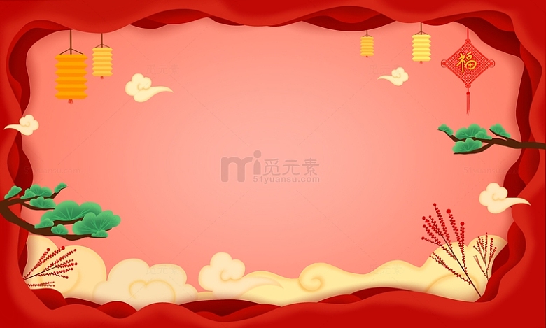 春节年会剪纸风插画红色活动背景