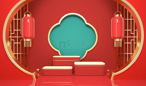 红色简约复古年会中式C4D立体背景
