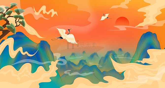 国潮古风山祥云鹤活动插画背景