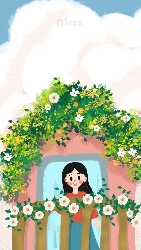 手绘背景花房里的小女孩