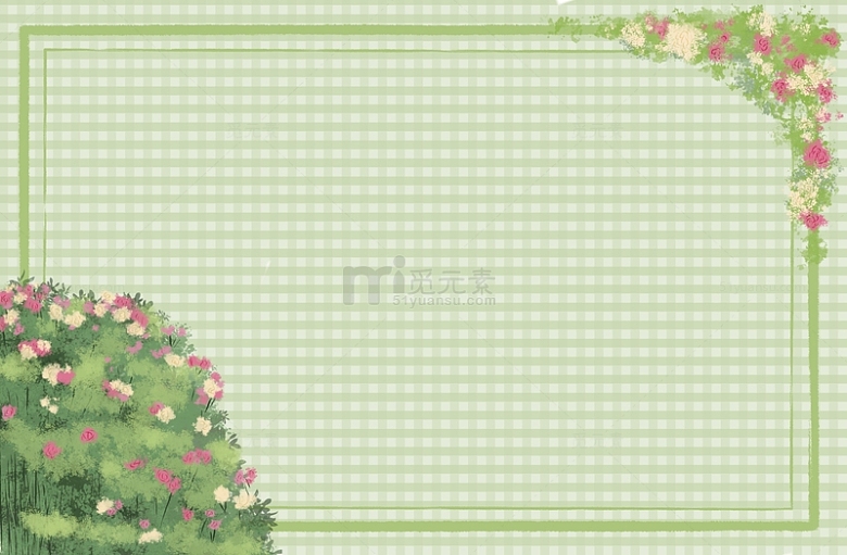 手绘简约格子木芙蓉花丛方框绿色花卉植物