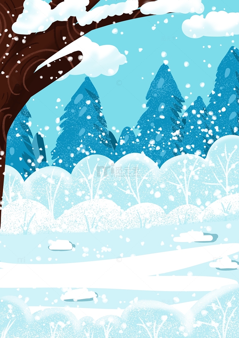 蓝色小清新卡通手绘冬天下雪插画背景