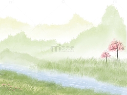 春日水墨风田园古风远山桃花树溪流原野河流