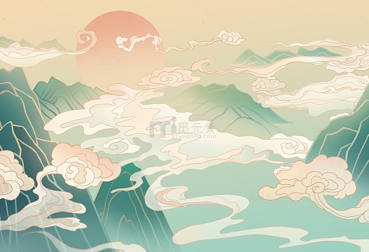 国潮中国祥云山水电商海报场景