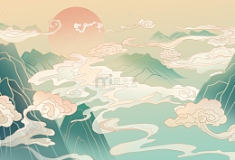 国潮中国祥云山水电商海报场景