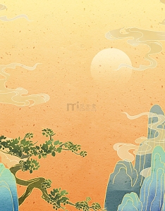手绘国潮复古山峰祥云山顶风景中式背景