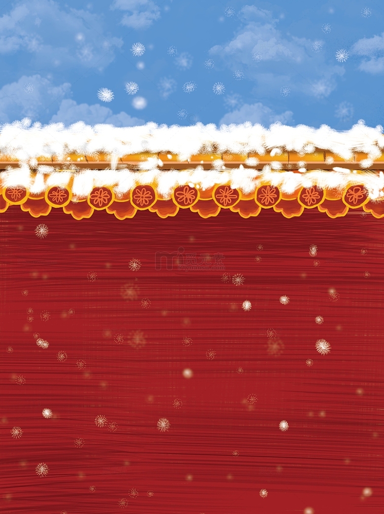 红色手绘冬季下雪红墙