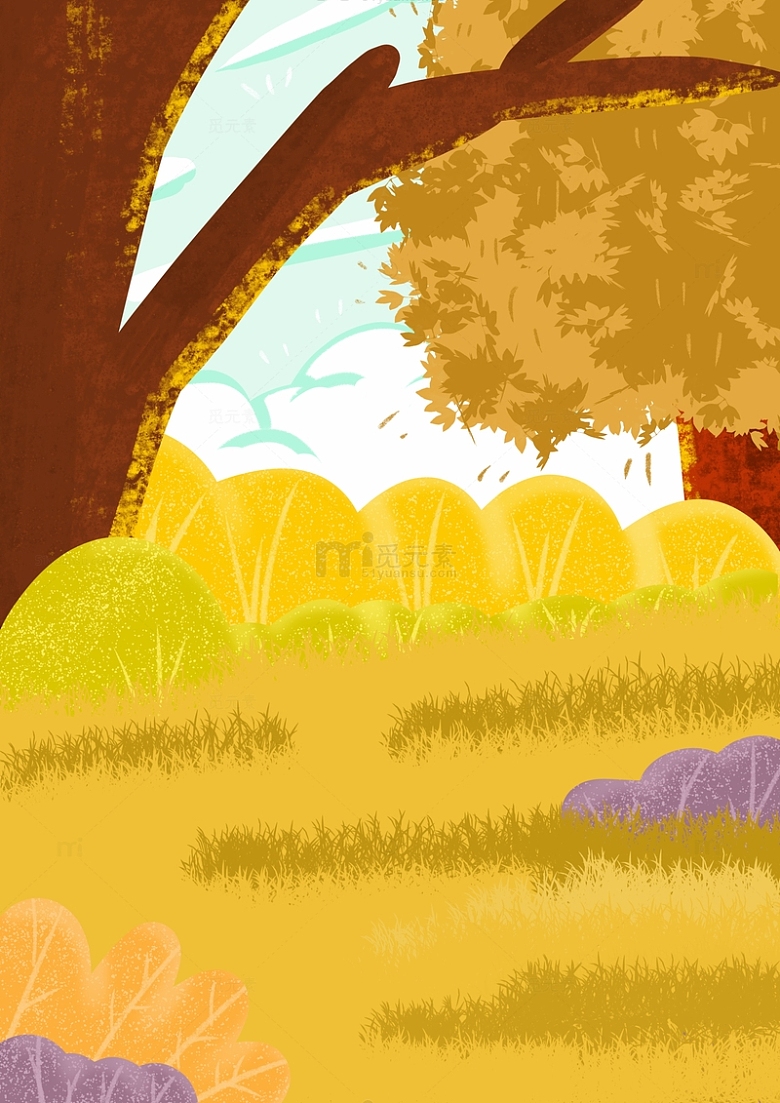 黄色秋天树叶风景肌理手绘插画背景