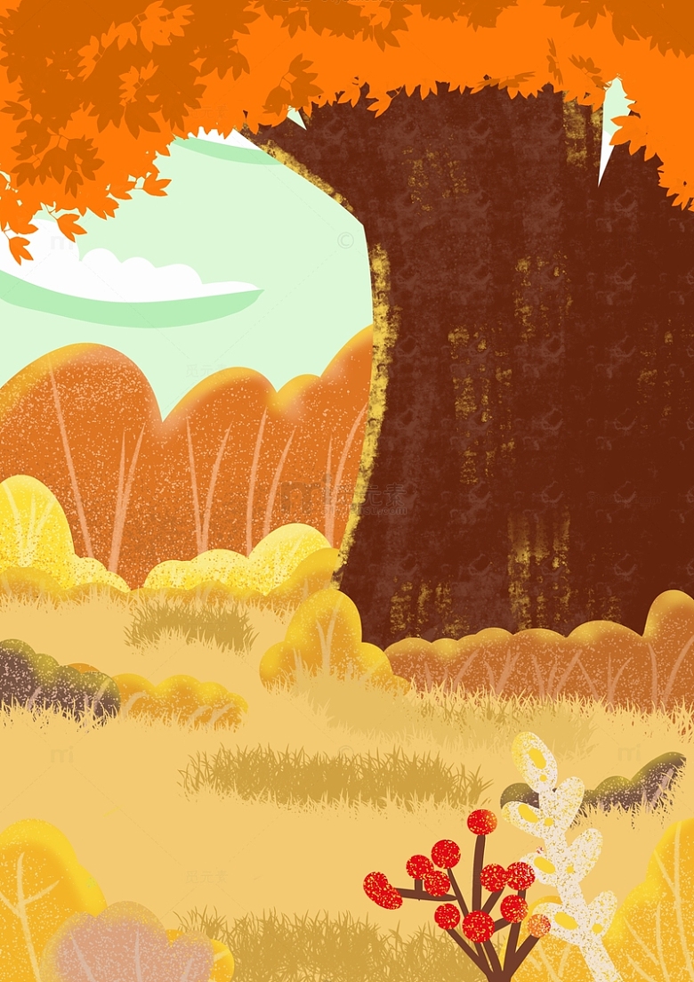 黄色秋天手绘卡通草地树木插画背景