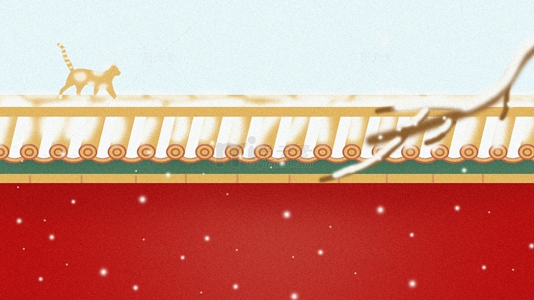 红色故宫国潮墙噪点肌理猫咪雪景背景