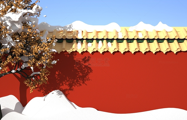 红色复古国潮中国风屋檐雪景