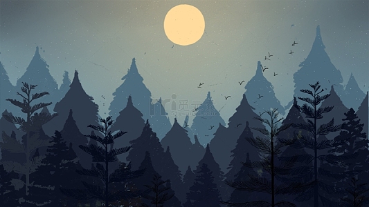 手绘复古神秘的森林夜晚风景
