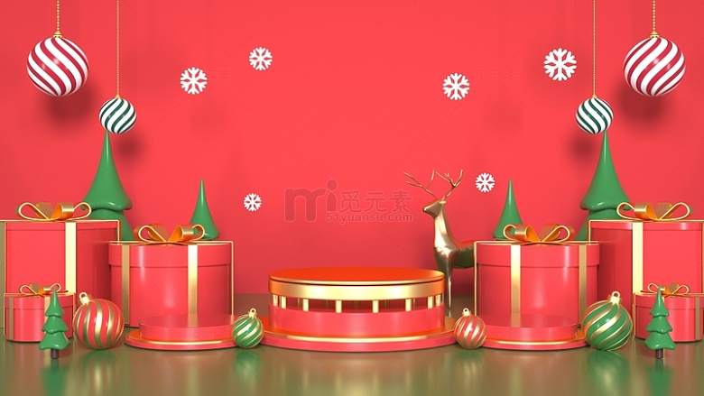 红色3D圣诞节背景圣诞树麋鹿